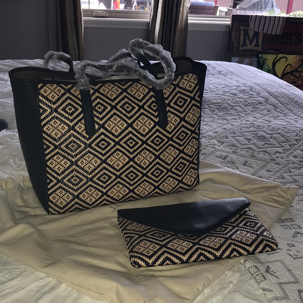 J Crew Diamond Raffia Tote/Invitation Clutch Set